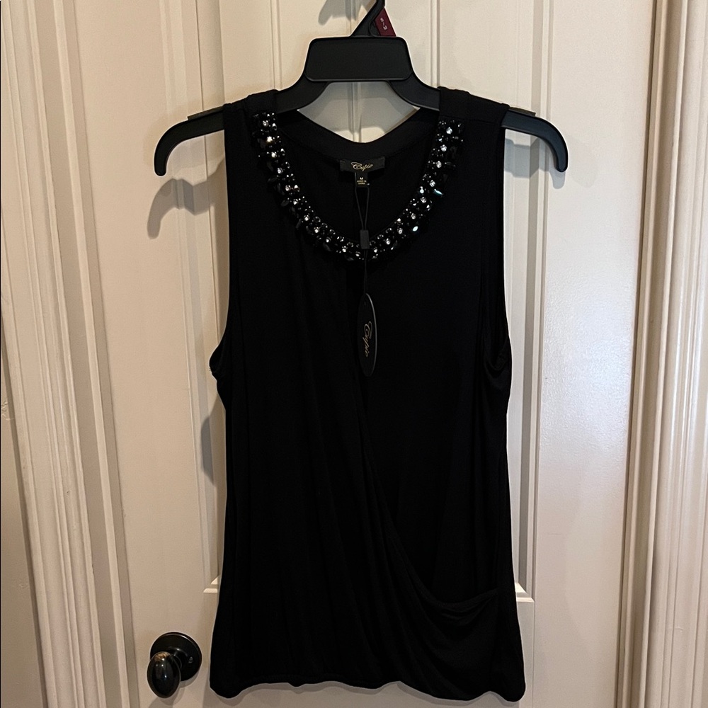 Cupio Black Tank Top with Beaded Neckline